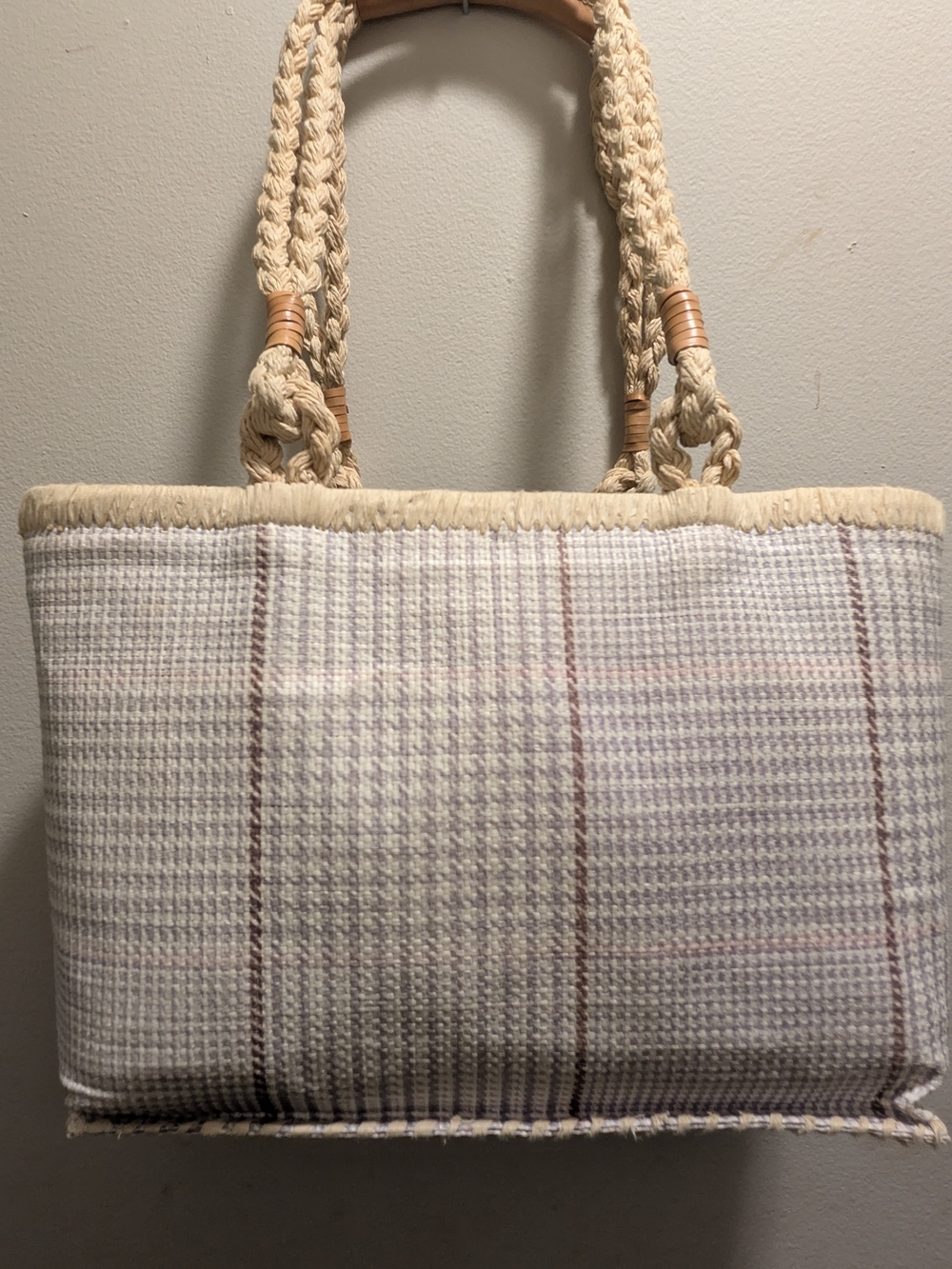Lauren Ralph Lauren Pastel Plaid Tweed Tote Bag with Braided Handles